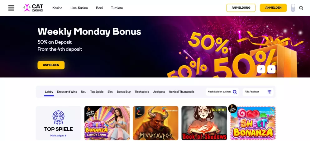 Cat Casino – Bis zu 100% bis 500 EUR + 150 Freispiele Willkommensbonus